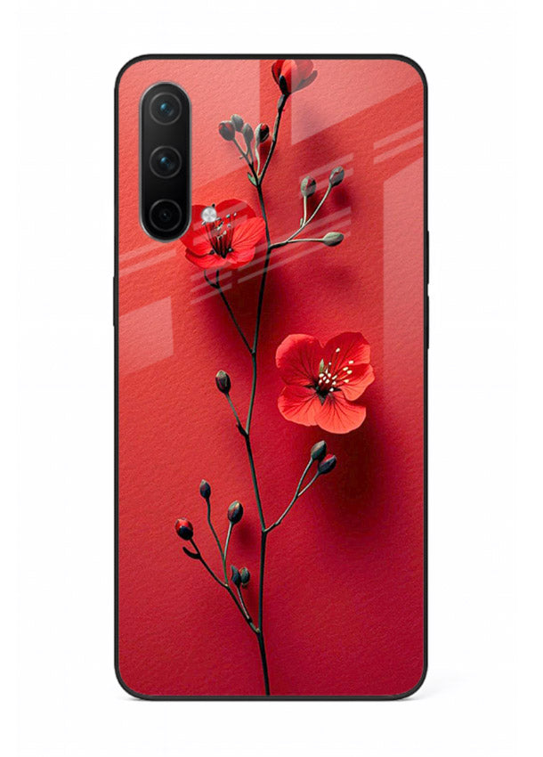 Minimal red bloom artwork on OnePlus Nord CE 5G glass back cover with warm soft tones.