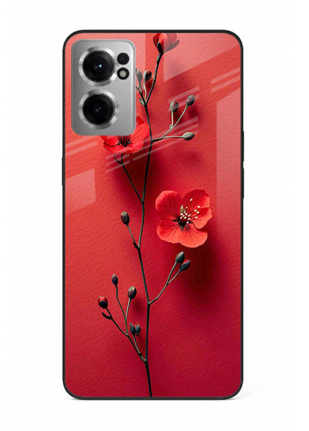 Minimal red bloom artwork on OnePlus Nord CE2 5G glass back cover with warm soft tones.