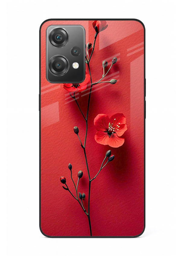Minimal red bloom artwork on OnePlus Nord CE2 Lite 5G glass back cover with warm soft tones.