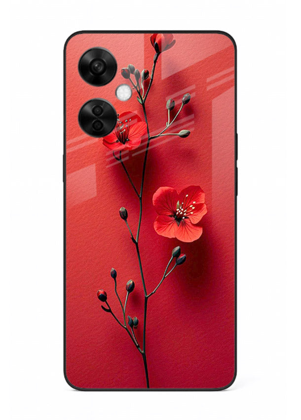 Minimal red bloom artwork on OnePlus Nord CE3 Lite glass back cover with warm soft tones.