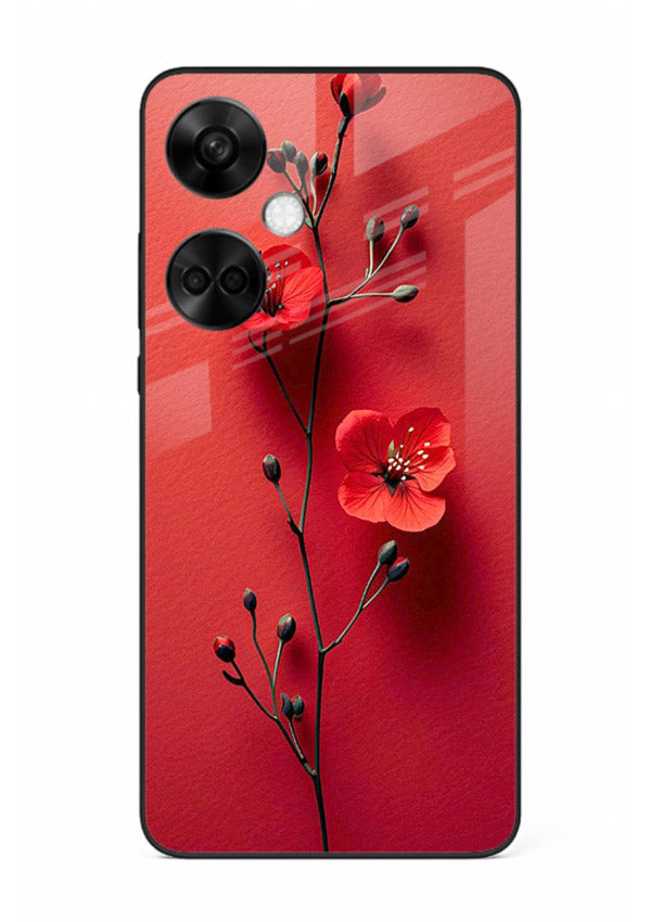 Minimal red bloom artwork on OnePlus Nord CE3 glass back cover with warm soft tones.