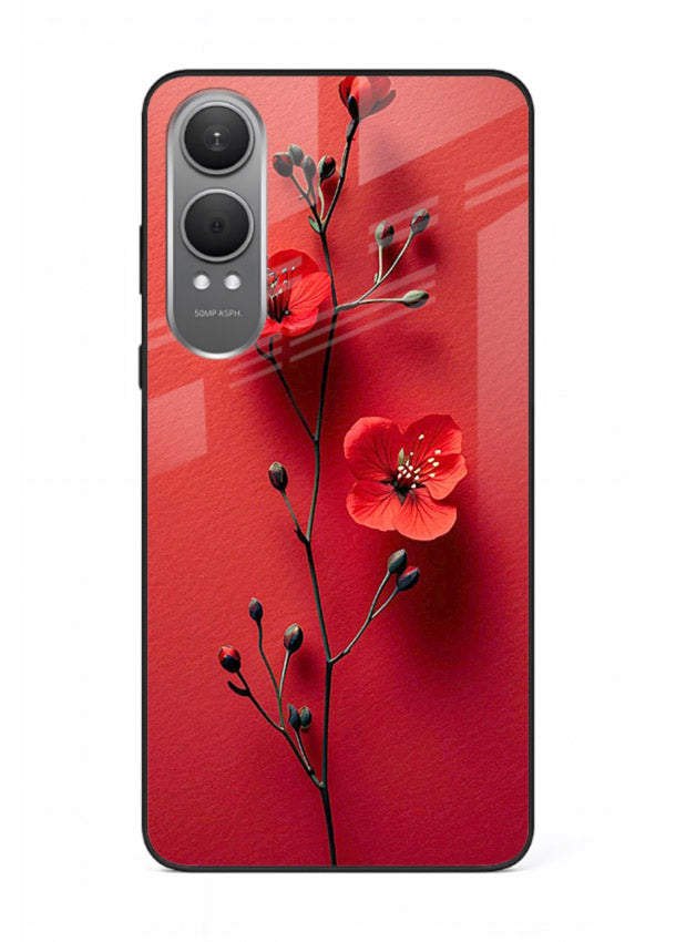 Minimal red bloom artwork on OnePlus Nord CE4 Lite glass back cover with warm soft tones.