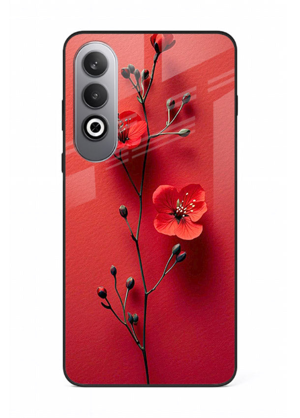 Minimal red bloom artwork on OnePlus Nord CE4 glass back cover with warm soft tones.
