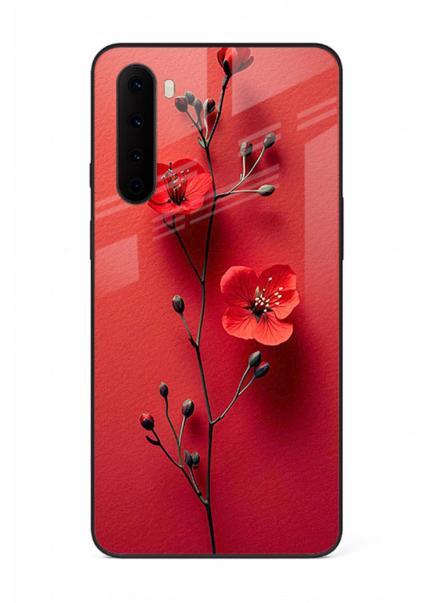 Minimal red bloom artwork on OnePlus Nord glass back cover with warm soft tones.
