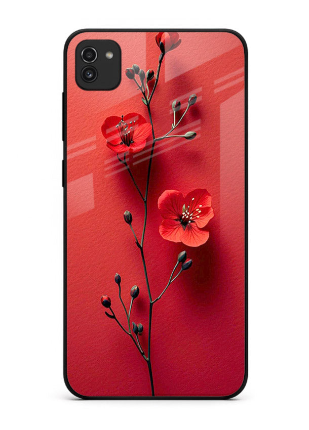 Minimal red bloom artwork on Samsung A03 glass back cover with warm soft tones.