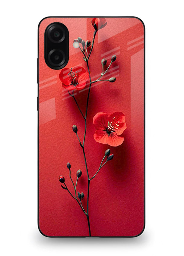 Minimal red bloom artwork on Samsung A07 4G glass back cover with warm soft tones.