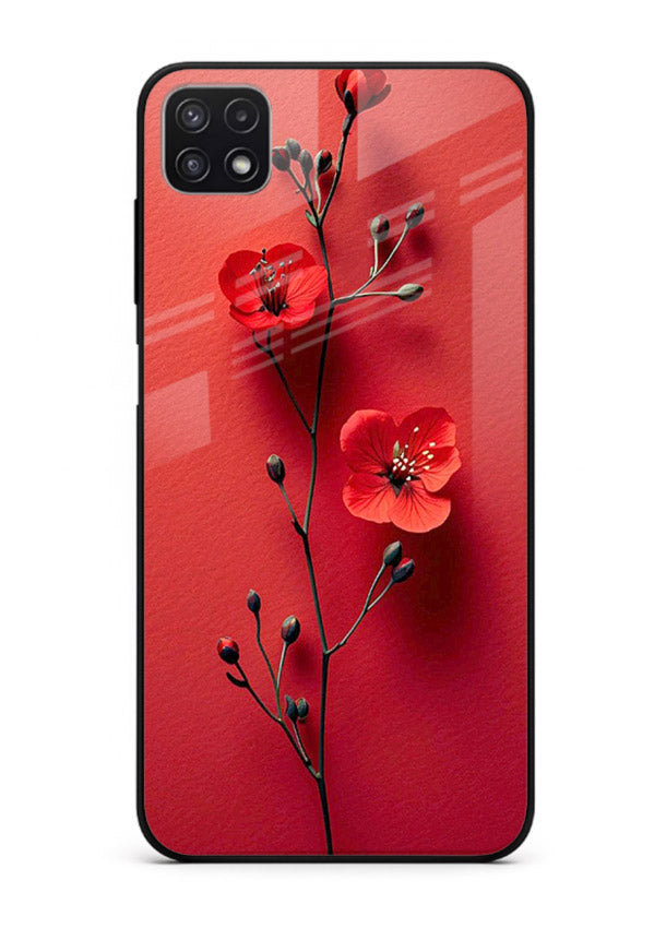 Minimal red bloom artwork on Samsung F42 5G glass back cover with warm soft tones.