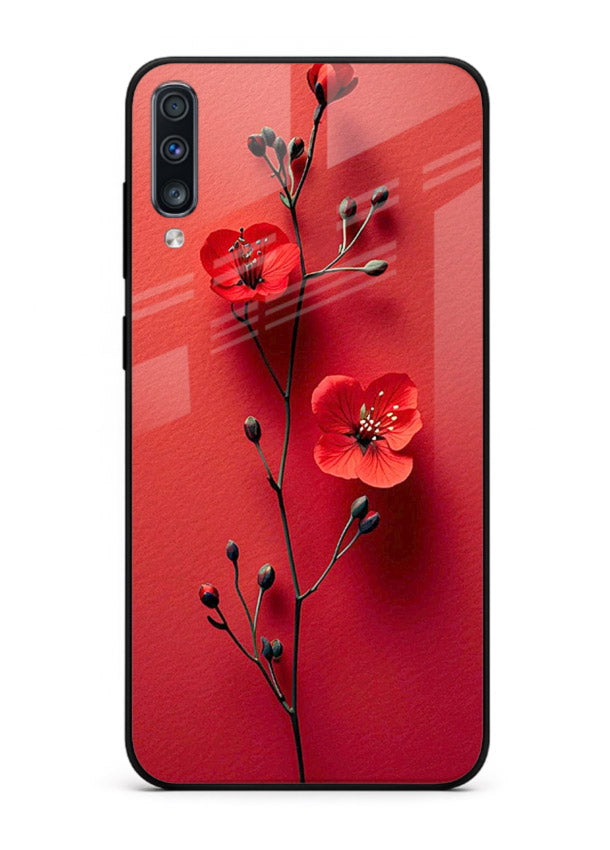 Minimal red bloom artwork on Samsung A70 glass back cover with warm soft tones.