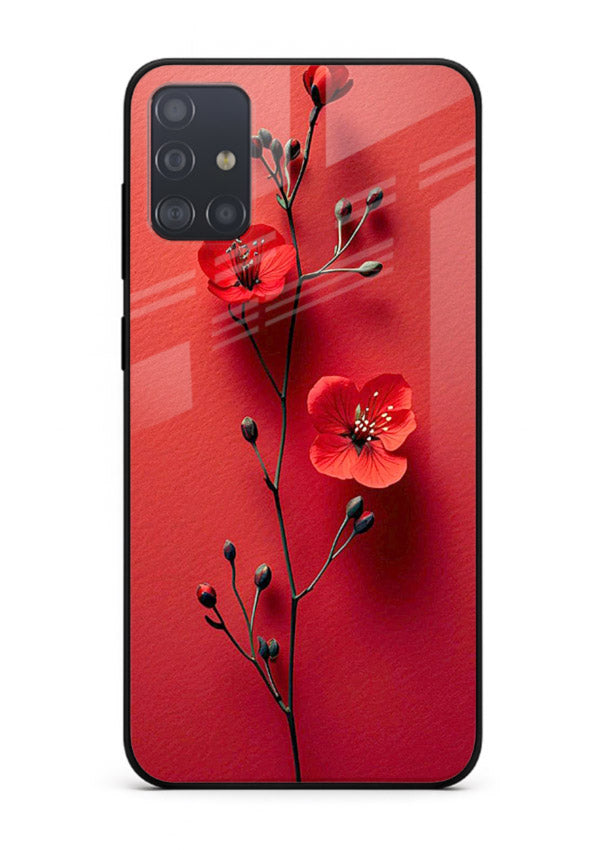 Minimal red bloom artwork on Samsung A71 glass back cover with warm soft tones.