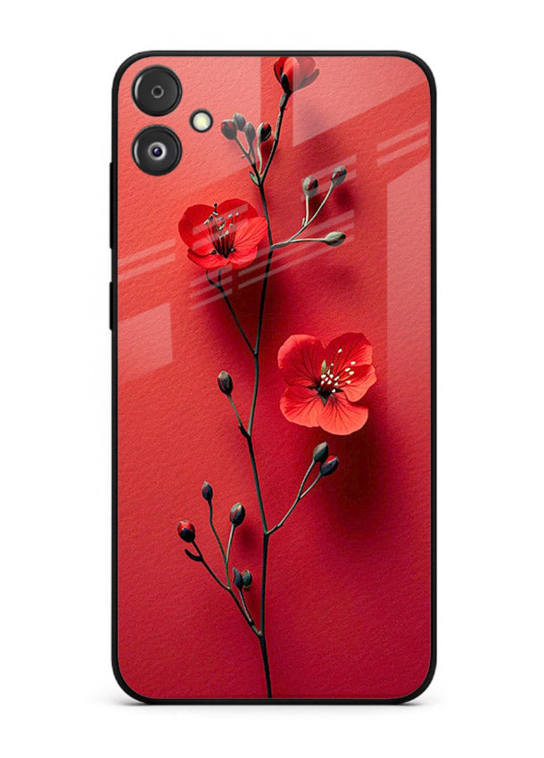 Minimal red bloom artwork on Samsung F04 5G glass back cover with warm soft tones.