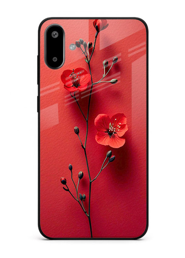 Minimal red bloom artwork on Samsung F06 5G glass back cover with warm soft tones.