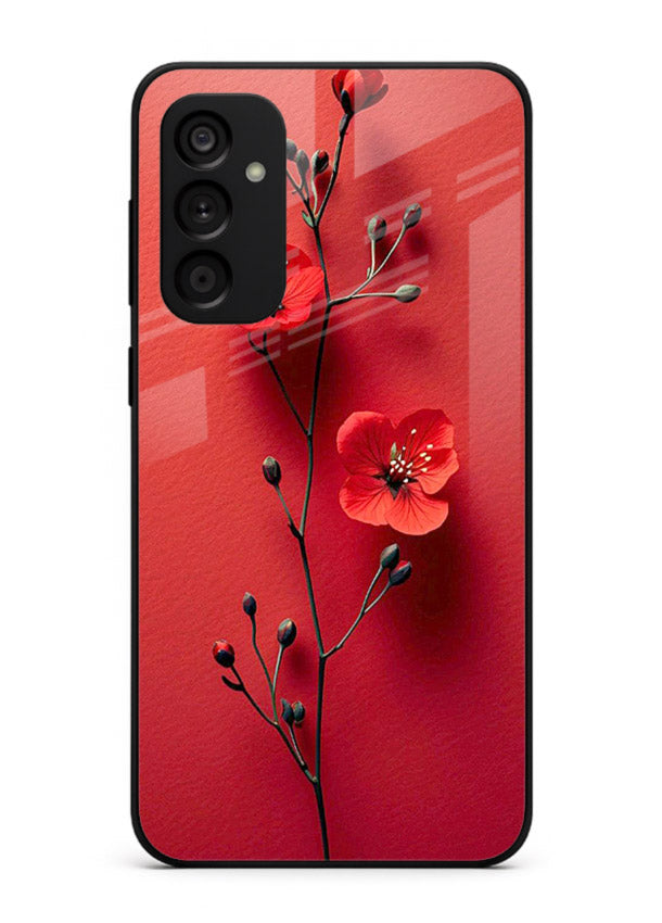 Minimal red bloom artwork on Samsung F55 5G glass back cover with warm soft tones.