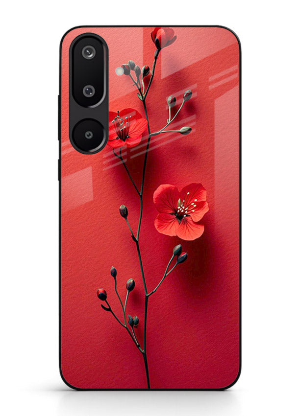 Minimal red bloom artwork on Samsung M16 5G glass back cover with warm soft tones.