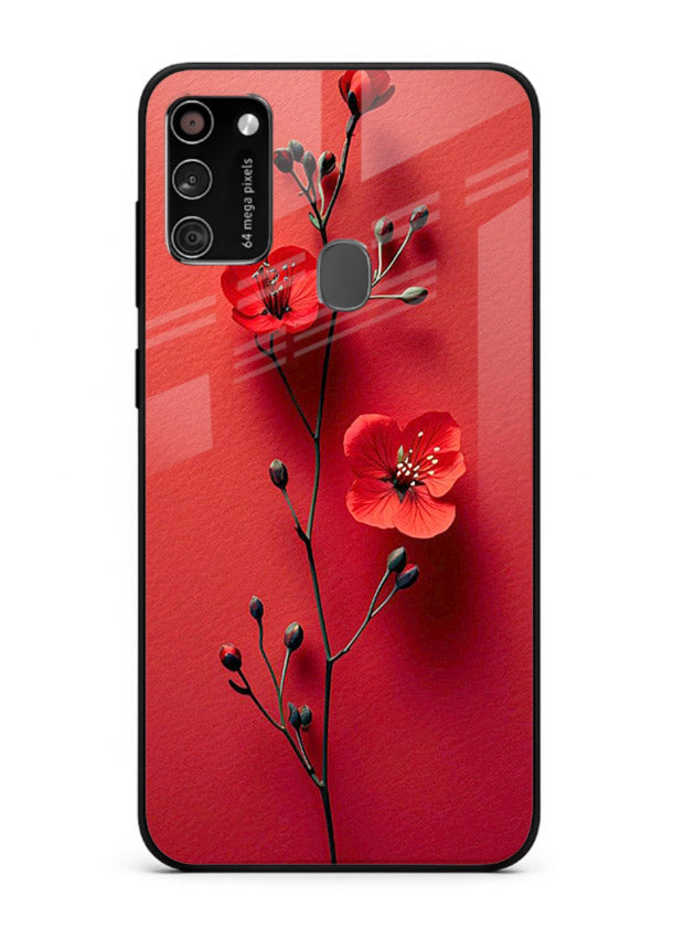 Minimal red bloom artwork on Samsung M30s glass back cover with warm soft tones.