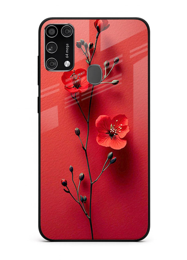 Minimal red bloom artwork on Samsung M31 Prime glass back cover with warm soft tones.