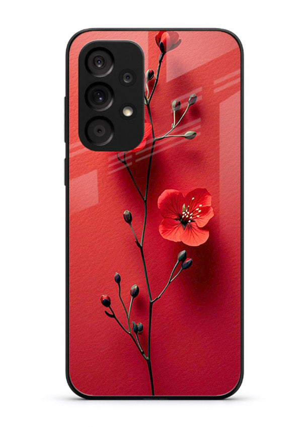 Minimal red bloom artwork on Samsung A73 5G glass back cover with warm soft tones.