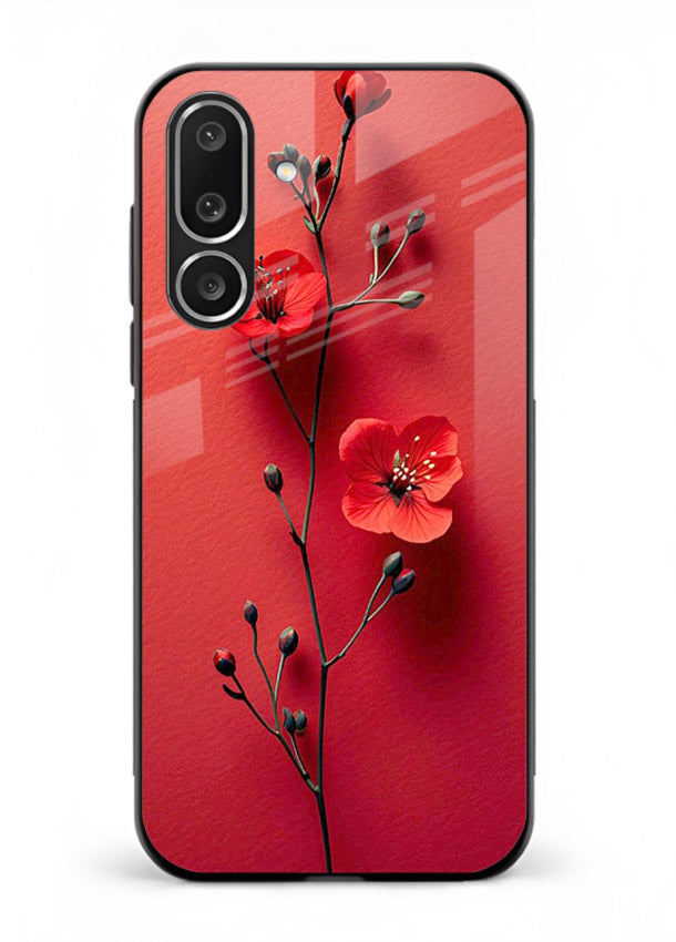 Minimal red bloom artwork on Samsung M36 5G glass back cover with warm soft tones.
