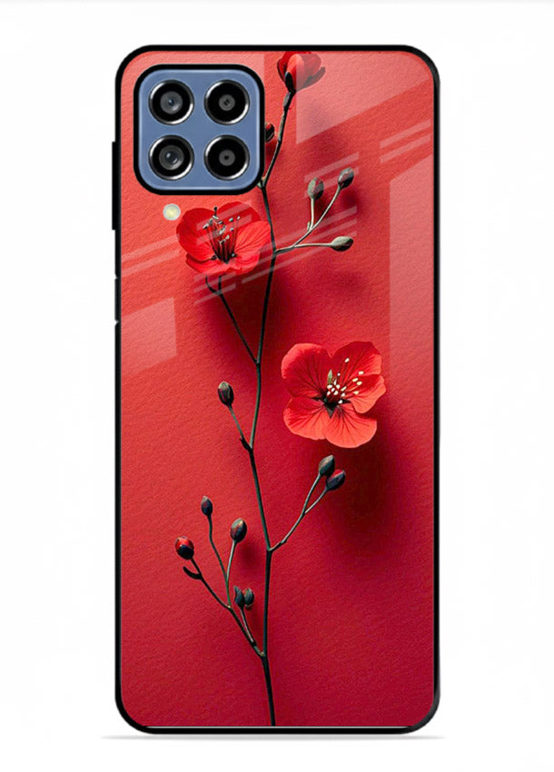 Minimal red bloom artwork on Samsung A22 4G glass back cover with warm soft tones.