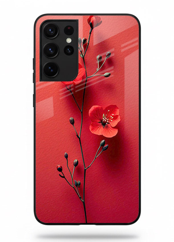 Minimal red bloom artwork on Samsung S21 Ultra glass back cover with warm soft tones.