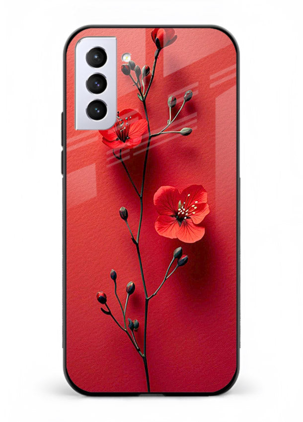 Minimal red bloom artwork on Samsung S21 FE glass back cover with warm soft tones.