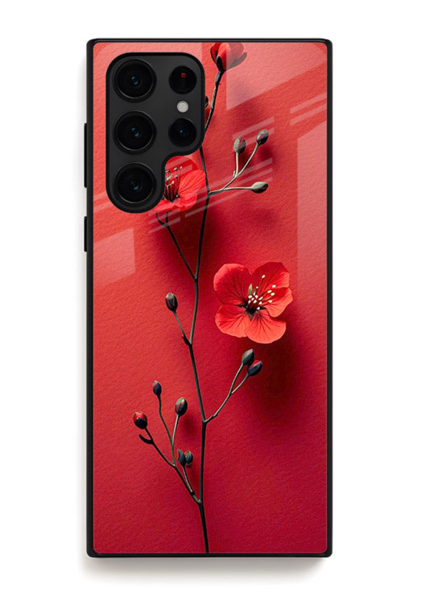 Minimal red bloom artwork on Samsung S24 Ultra glass back cover with warm soft tones.