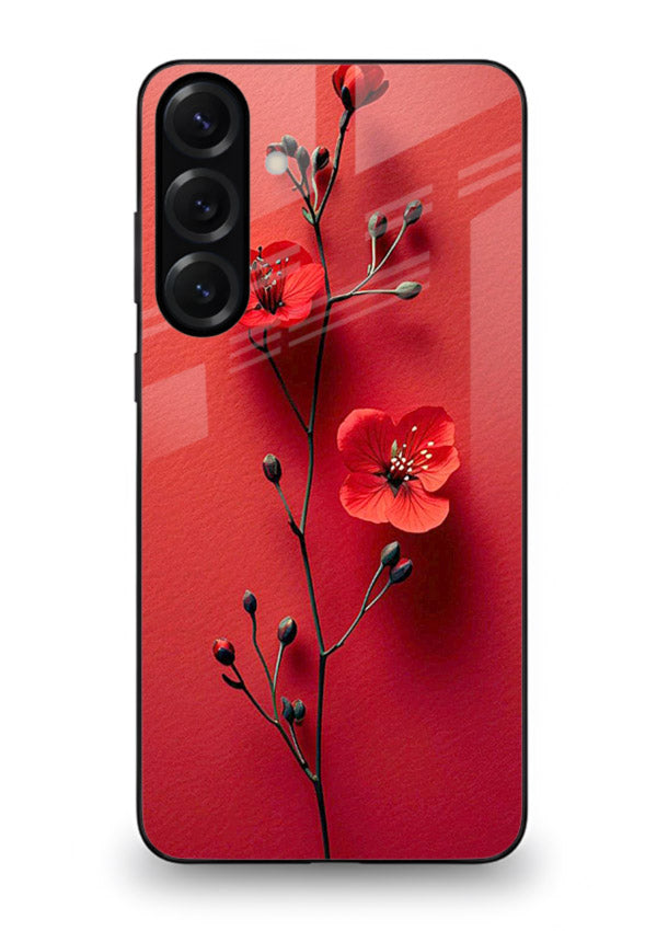 Minimal red bloom artwork on Samsung A55 5G glass back cover with warm soft tones.