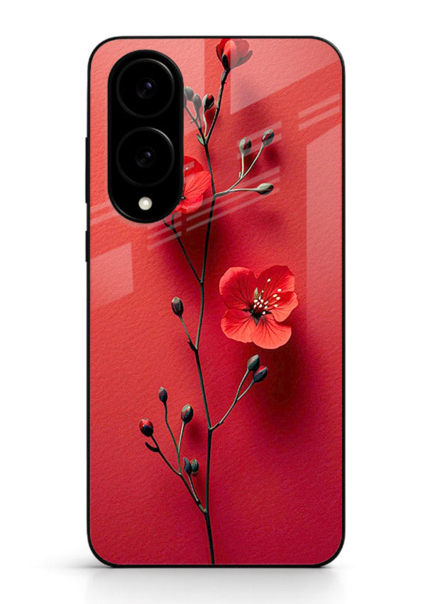 Minimal red bloom artwork on Samsung S25 Edge glass back cover with warm soft tones.