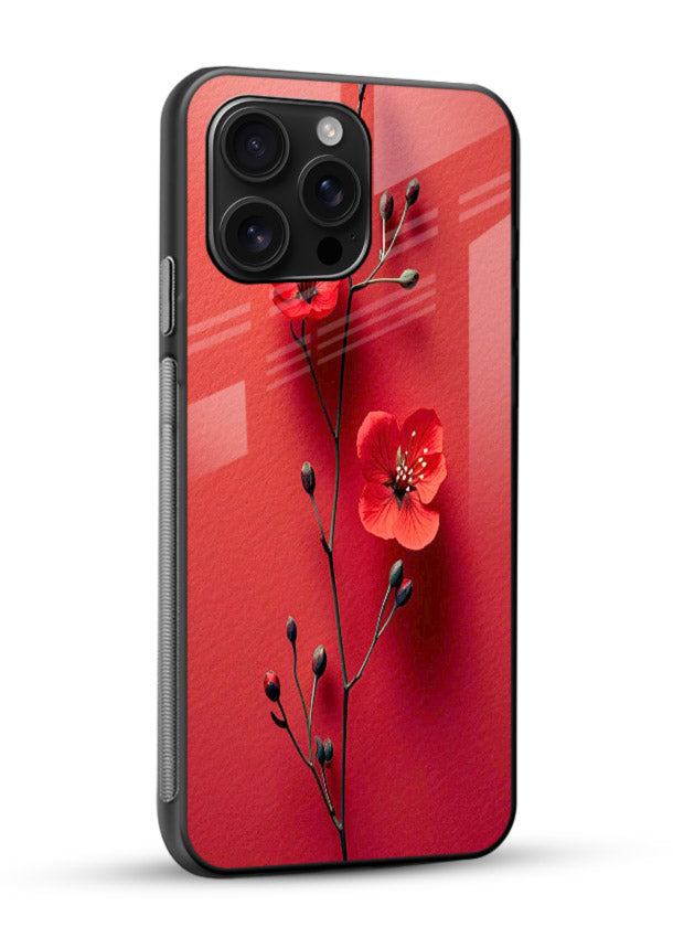 Minimal red bloom artwork on glossy vibrant premium glass back cover with warm soft tones. - Angle Side