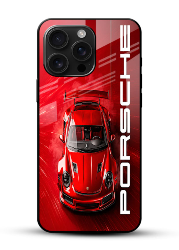 Red Porsche racer glass back cover with sports car and bold typography design - 1