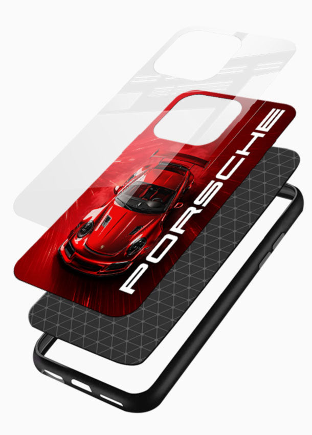 Red Porsche racer glass back cover with sports car and bold typography design - 3