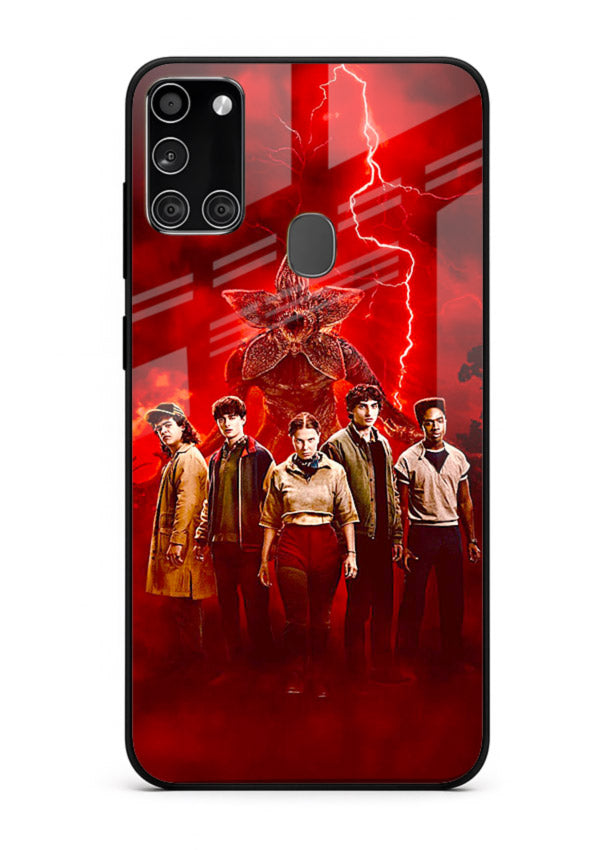 Red realm group artwork printed on tempered glass Samsung A21s back cover