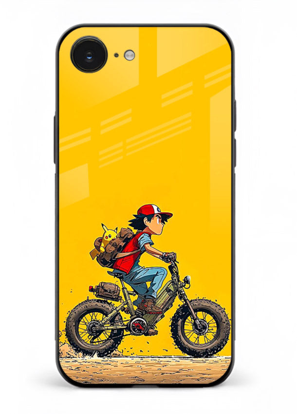 retro bike rider yellow art iphone 16e glass cover vintage biker illustration case