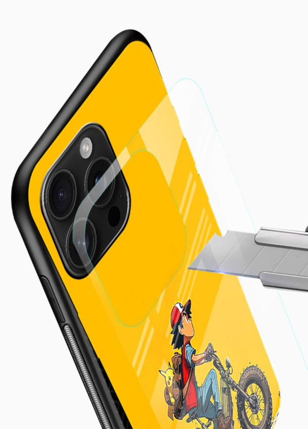 retro bike rider yellow art glossy vibrant premium glass cover vintage biker illustration case - Angle Blade