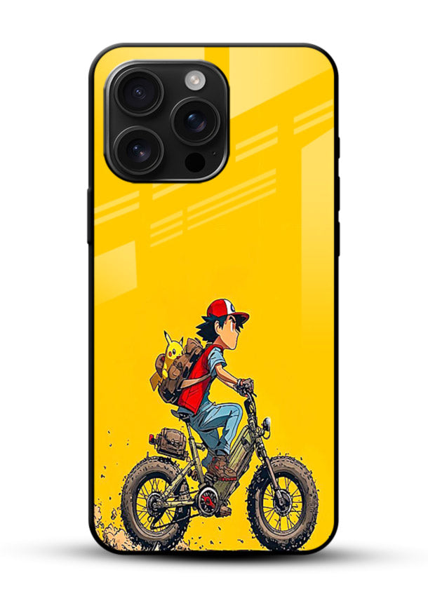 retro bike rider yellow art glossy vibrant premium glass cover vintage biker illustration case - Angle Front