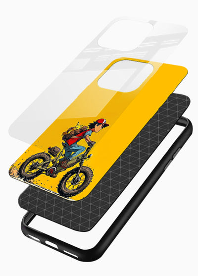 retro bike rider yellow art glossy vibrant premium glass cover vintage biker illustration case - Angle Layers