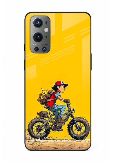 retro bike rider yellow art OnePlus 9 glass cover vintage biker illustration case