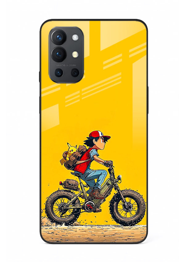 retro bike rider yellow art OnePlus 9R glass cover vintage biker illustration case