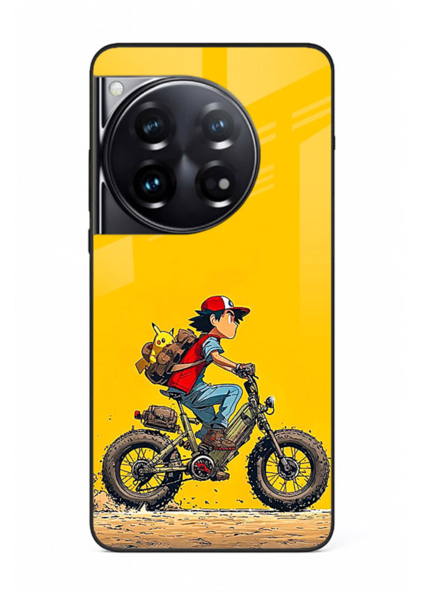 retro bike rider yellow art OnePlus 12 glass cover vintage biker illustration case