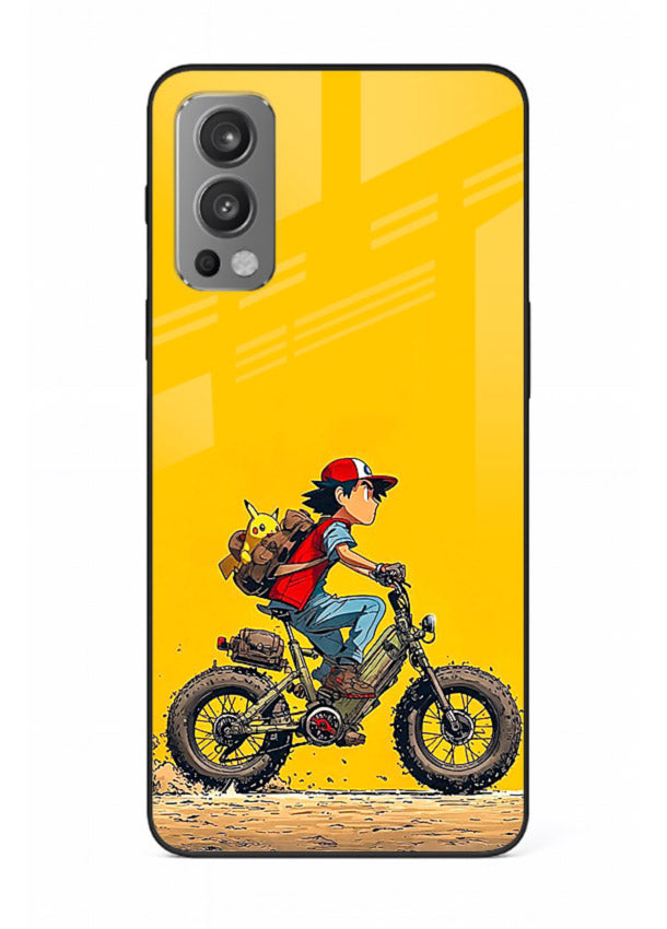 retro bike rider yellow art OnePlus Nord 2 glass cover vintage biker illustration case