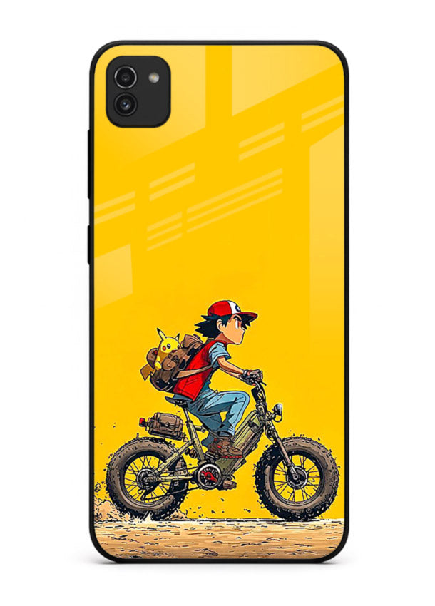 retro bike rider yellow art Samsung A03 glass cover vintage biker illustration case