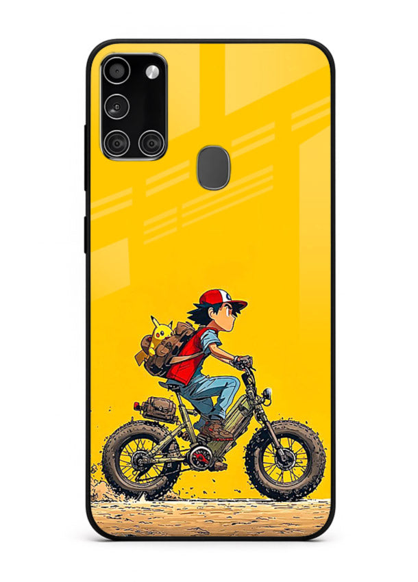 retro bike rider yellow art Samsung A21s glass cover vintage biker illustration case