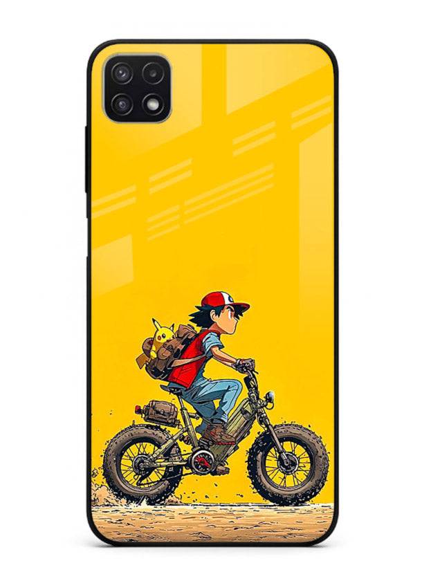 retro bike rider yellow art Samsung A22 5G glass cover vintage biker illustration case
