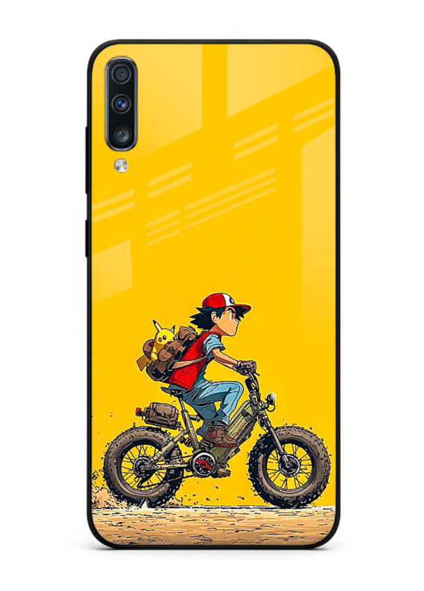 retro bike rider yellow art Samsung A70 glass cover vintage biker illustration case