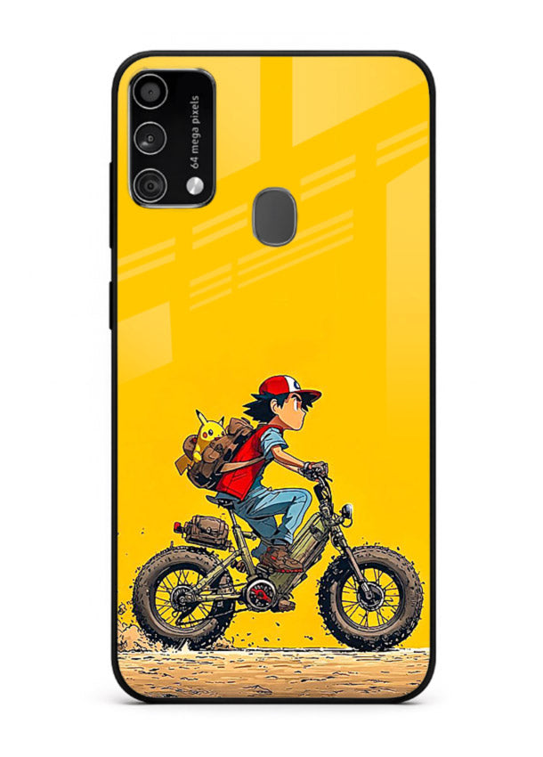 retro bike rider yellow art Samsung F41 glass cover vintage biker illustration case