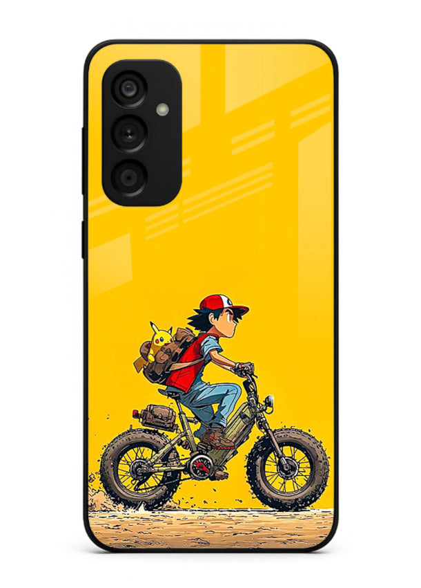 retro bike rider yellow art Samsung F55 5G glass cover vintage biker illustration case