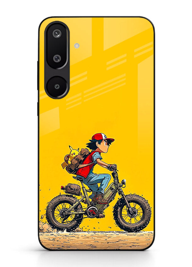 retro bike rider yellow art Samsung M16 5G glass cover vintage biker illustration case