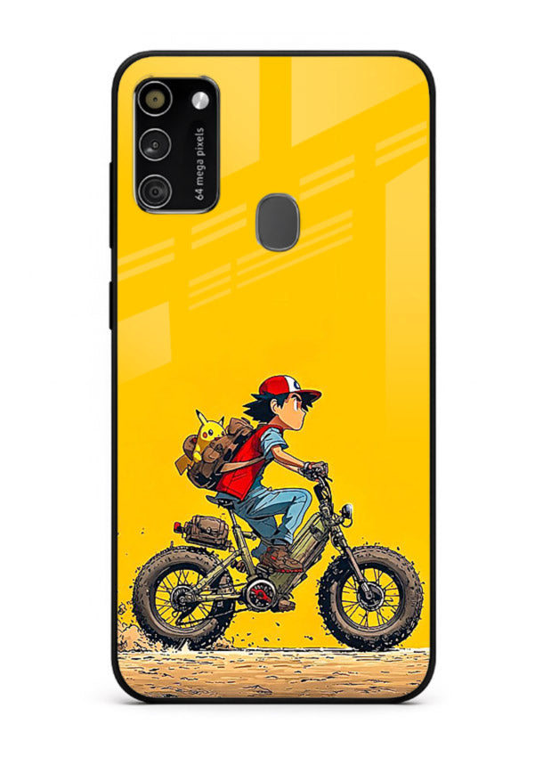 retro bike rider yellow art Samsung M30s glass cover vintage biker illustration case