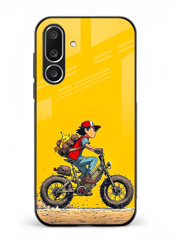 retro bike rider yellow art Samsung F56 5G glass cover vintage biker illustration case