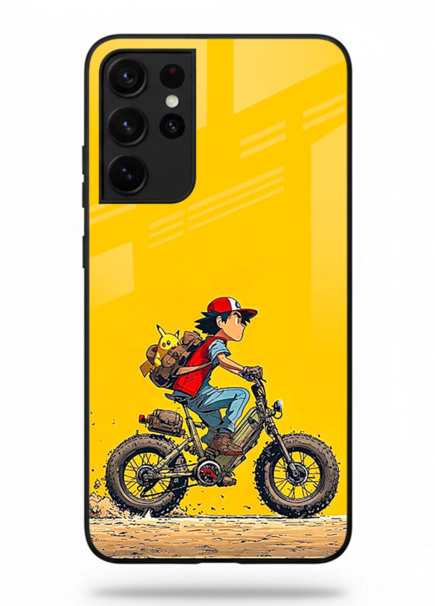 retro bike rider yellow art Samsung S21 Ultra glass cover vintage biker illustration case
