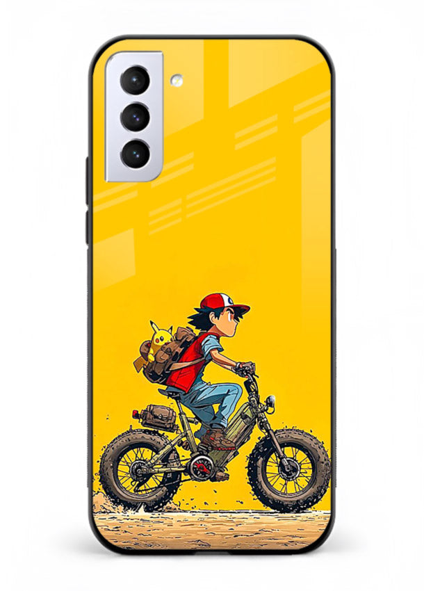 retro bike rider yellow art Samsung S21 FE glass cover vintage biker illustration case